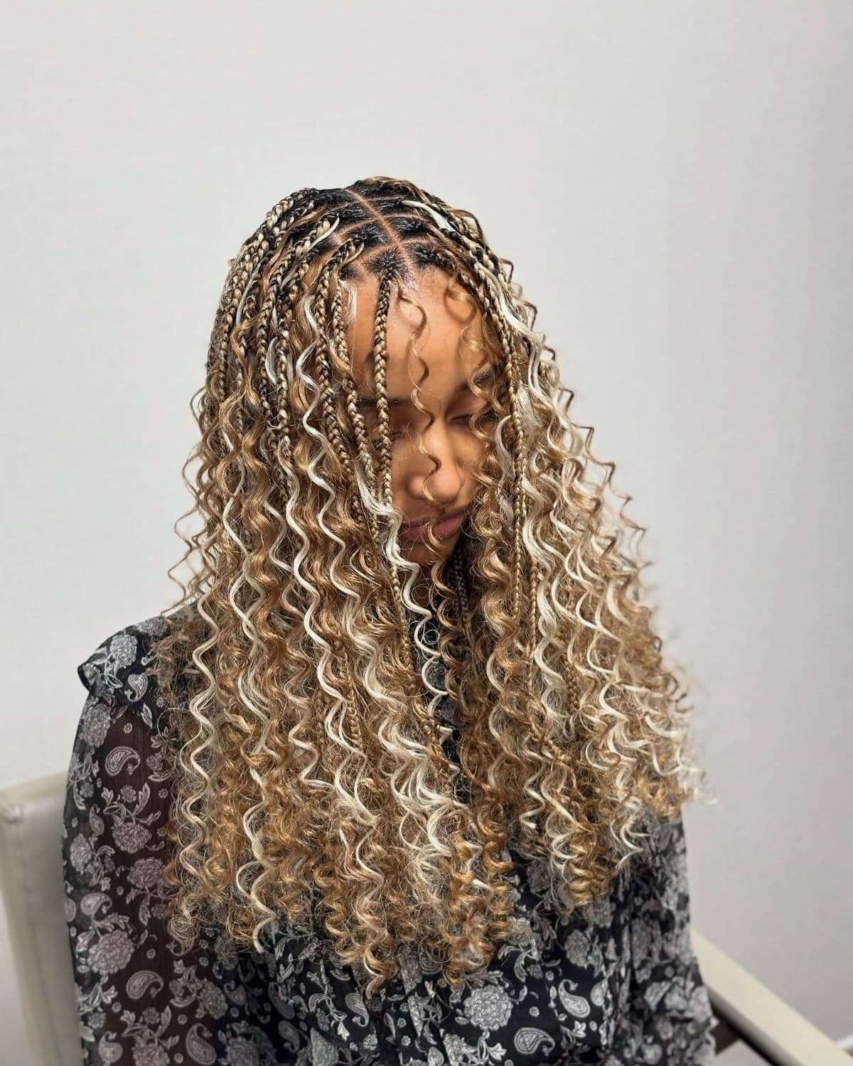 Boho Knotless, Curly Ends — Boho & goddess braids at Qasr Alshar Salon, Dubai — soft curly-end styling near Union Metro, Deira.