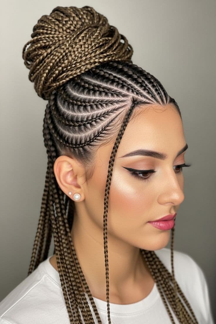 Brown Two-Tone Cornrow Bun — Cornrows & feed-in braids at Qasr Alshar Salon, Dubai — crisp, precise lines near Union Metro, Deira.