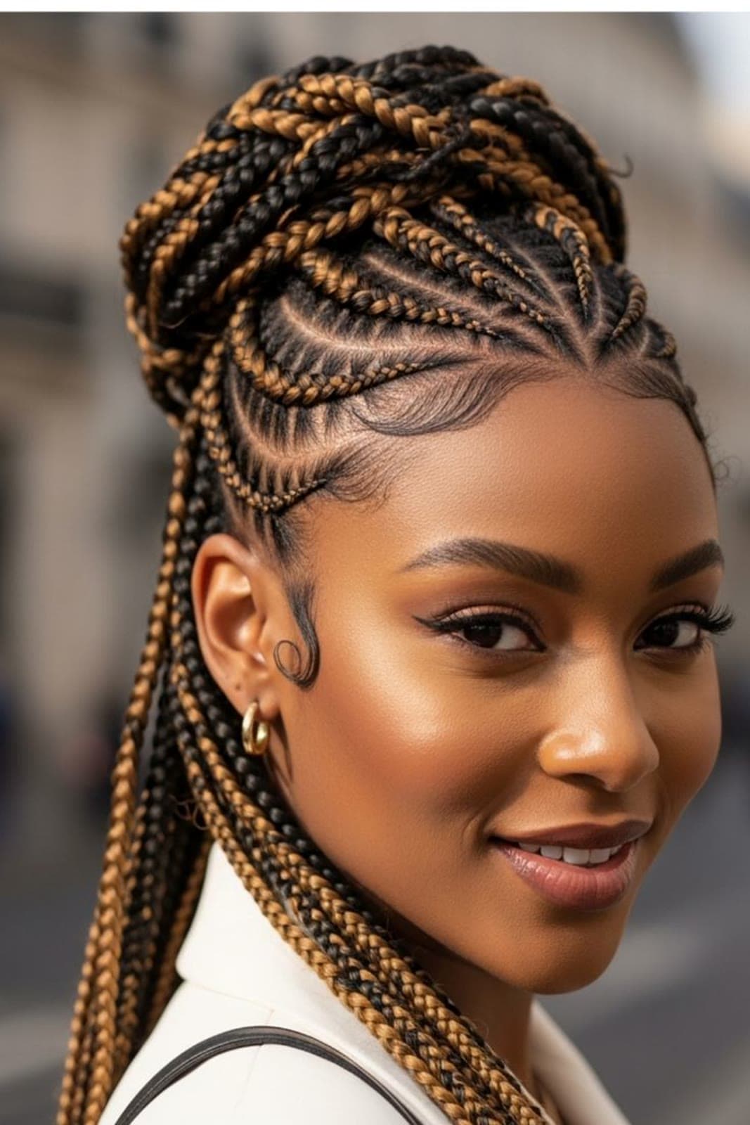 Two-Tone Cornrow Updo — Cornrows & feed-in braids at Qasr Alshar Salon, Dubai — crisp, precise lines near Union Metro, Deira.