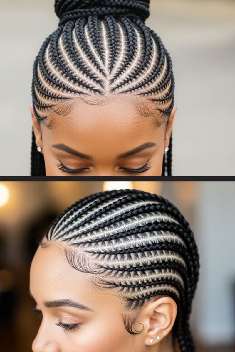 Cornrow Updo Collage — Cornrows & feed-in braids at Qasr Alshar Salon, Dubai — crisp, precise lines near Union Metro, Deira.