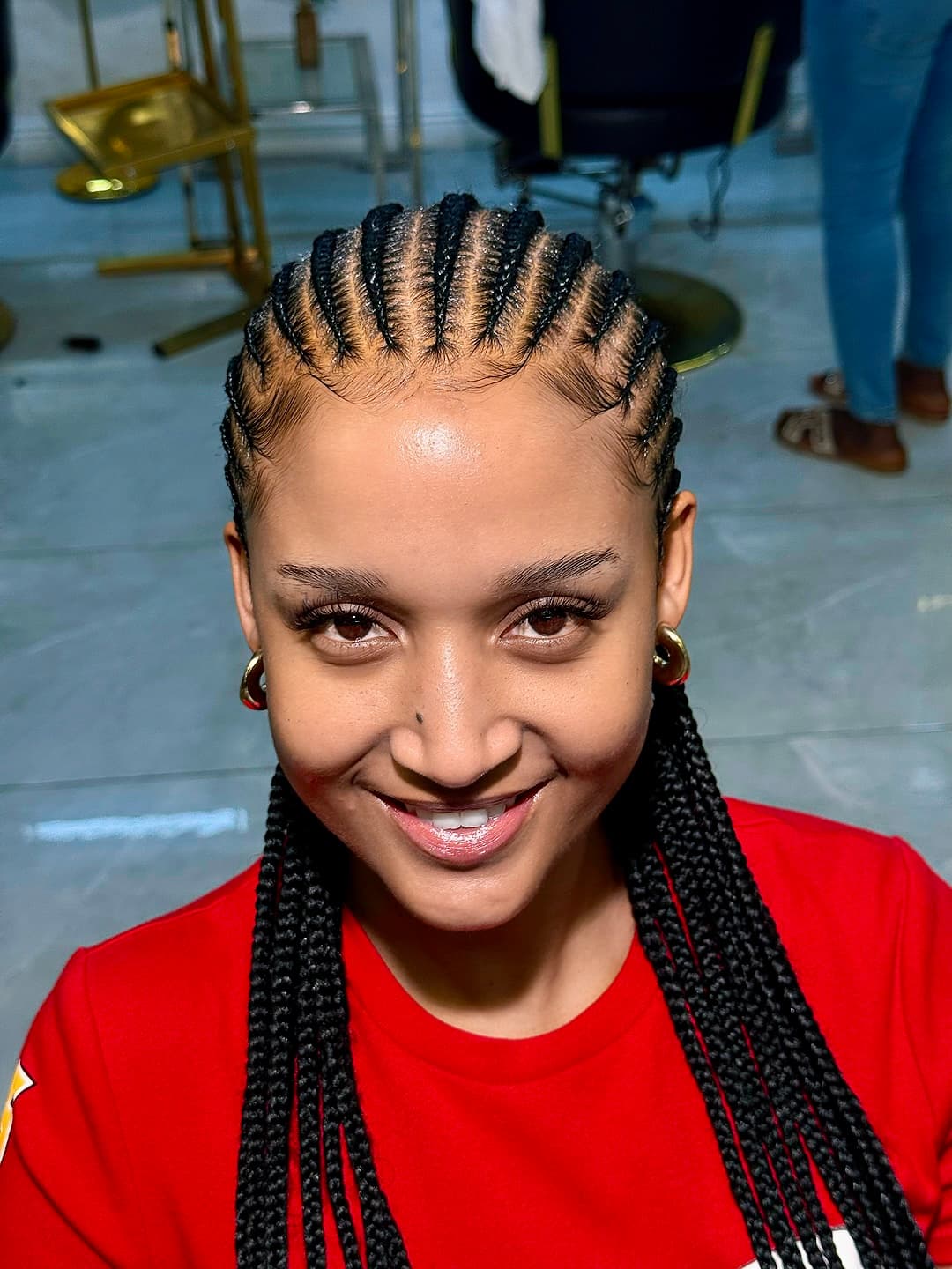 Salon Feed-In Cornrows Front — Cornrows & feed-in braids at Qasr Alshar Salon, Dubai — crisp, precise lines near Union Metro, Deira.