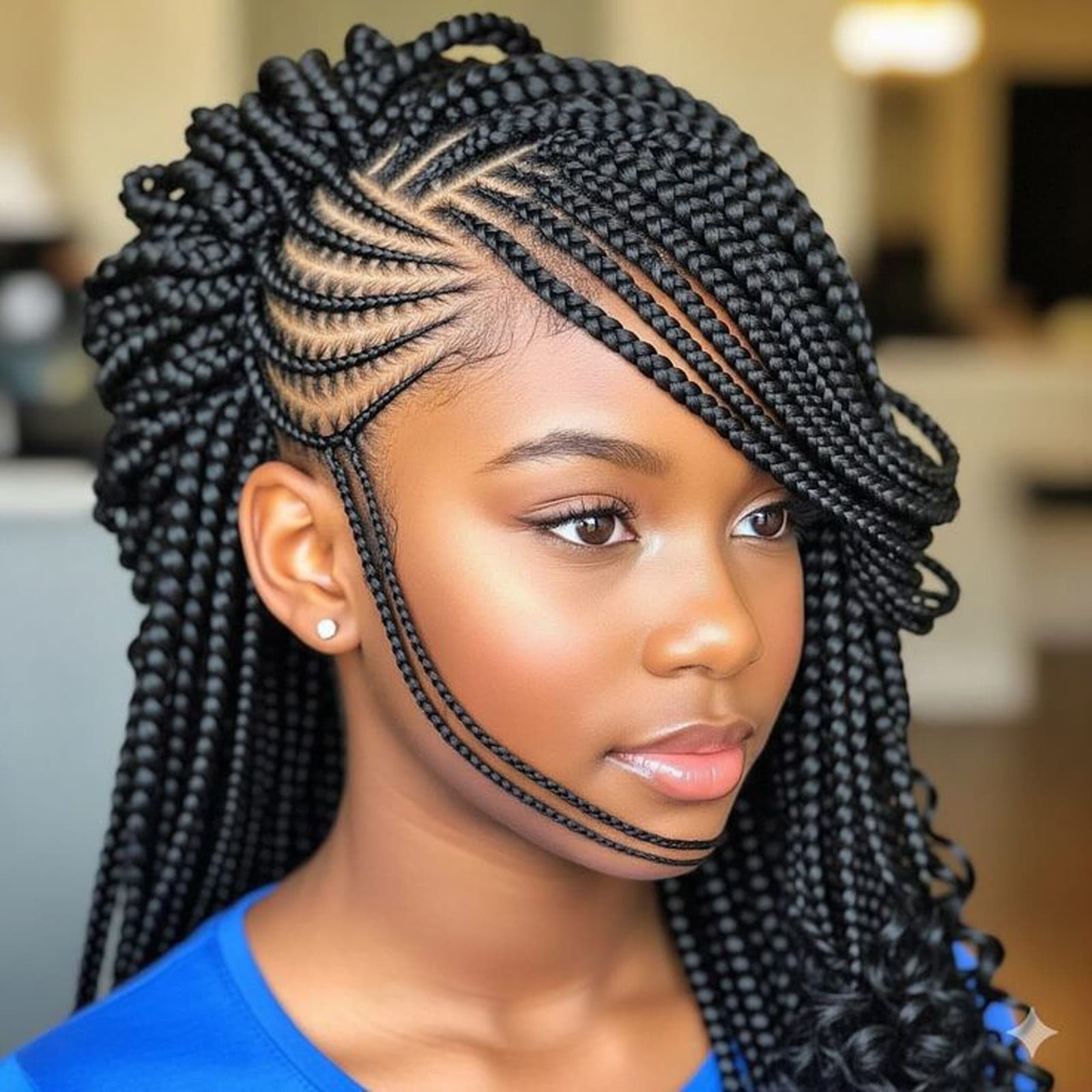 Fulani + Box Braids — Cornrows & feed-in braids at Qasr Alshar Salon, Dubai — crisp, precise lines near Union Metro, Deira.