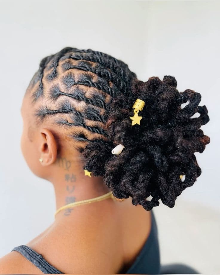Locs Bun with Star Charms — Locs, sister locks & dreadlock styling at Qasr Alshar Salon, Dubai — near Union Metro, Deira.