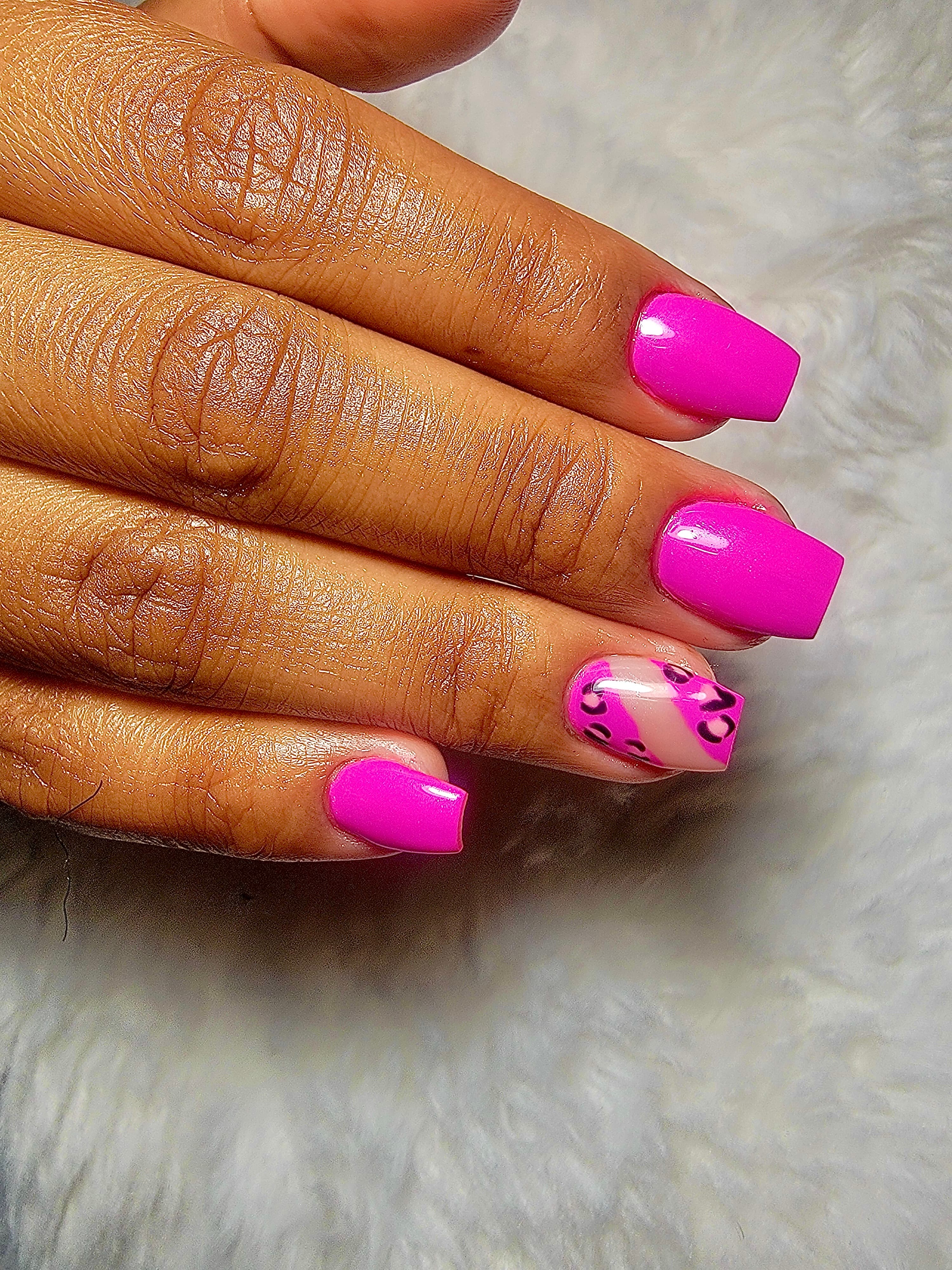 Hot Pink Leopard Close-Up — Gel manicures, pedicures, nail art & extensions at Qasr Alshar Salon, Dubai — near Union Metro, Deira.