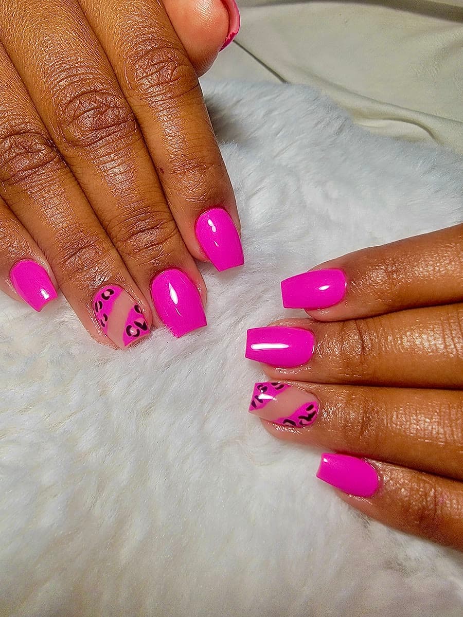 Hot Pink Leopard Coffin — Gel manicures, pedicures, nail art & extensions at Qasr Alshar Salon, Dubai — near Union Metro, Deira.